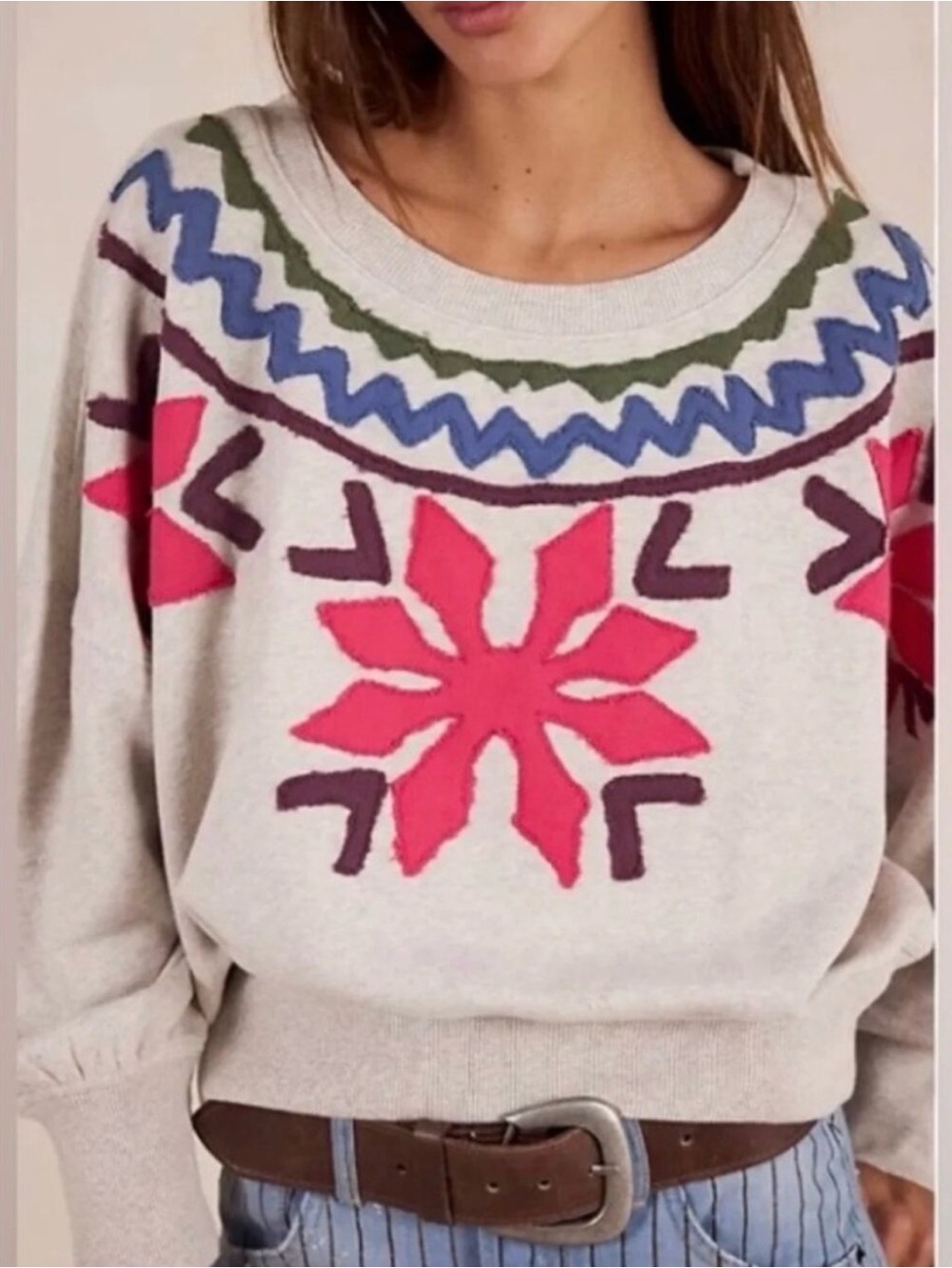 NWT Free People Good Vibes Embroidered Patchwork Pullover in Heather Grey Combo
